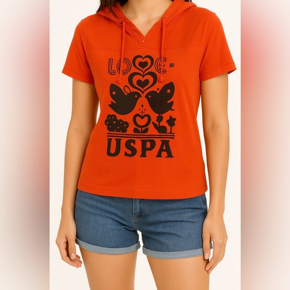 U.S. Polo Assn. Tops - US Polo‎ Women's Hooded T-Shirt Size L Rust Colored 100% Cotton Birds Hearts
